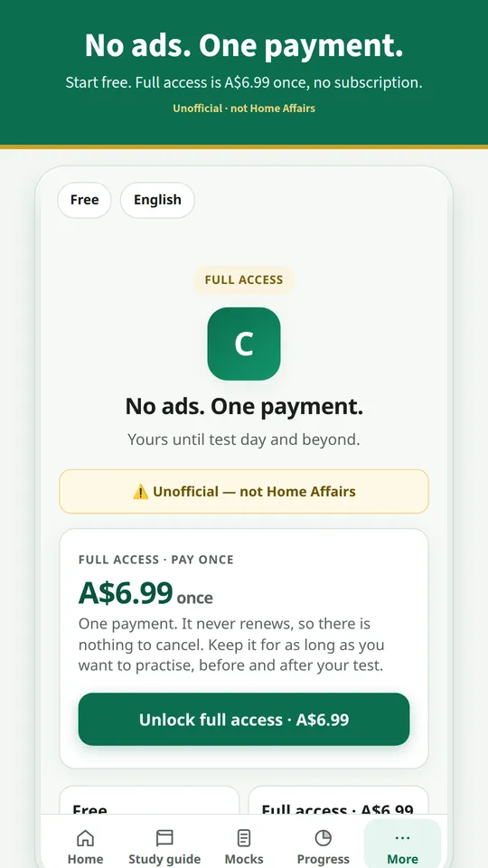 Full access screen: No ads. One payment. A$6.99 once.